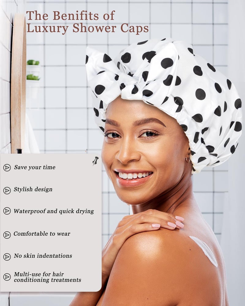 Luvruitaky Shower Cap 2Pcs Shower Caps for Women Reusable Waterproof Hair Cap for Shower with Adjustable Bowknot Luxury Bath Cap for Women (Black Dot & Pink Dot) - Image 4